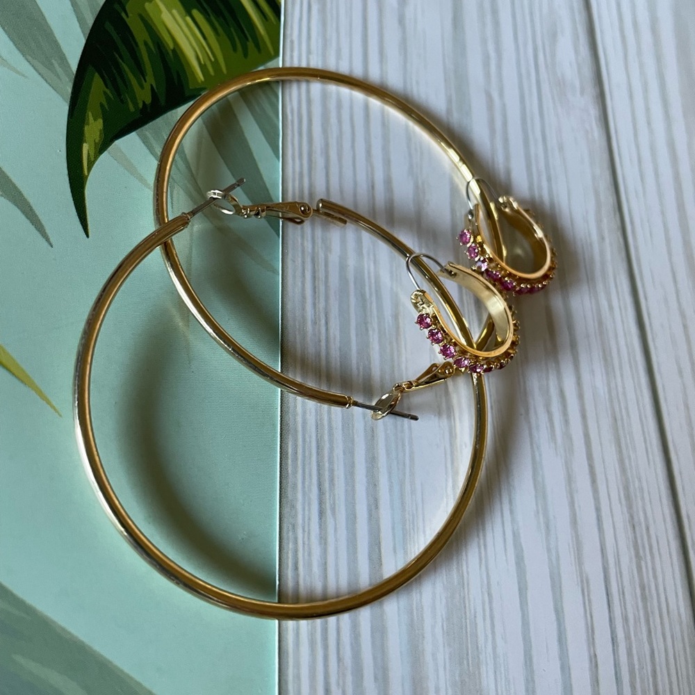 Hot pink rhinestone lever back, Large hoop metal gold tone earrings - 2 pairs
